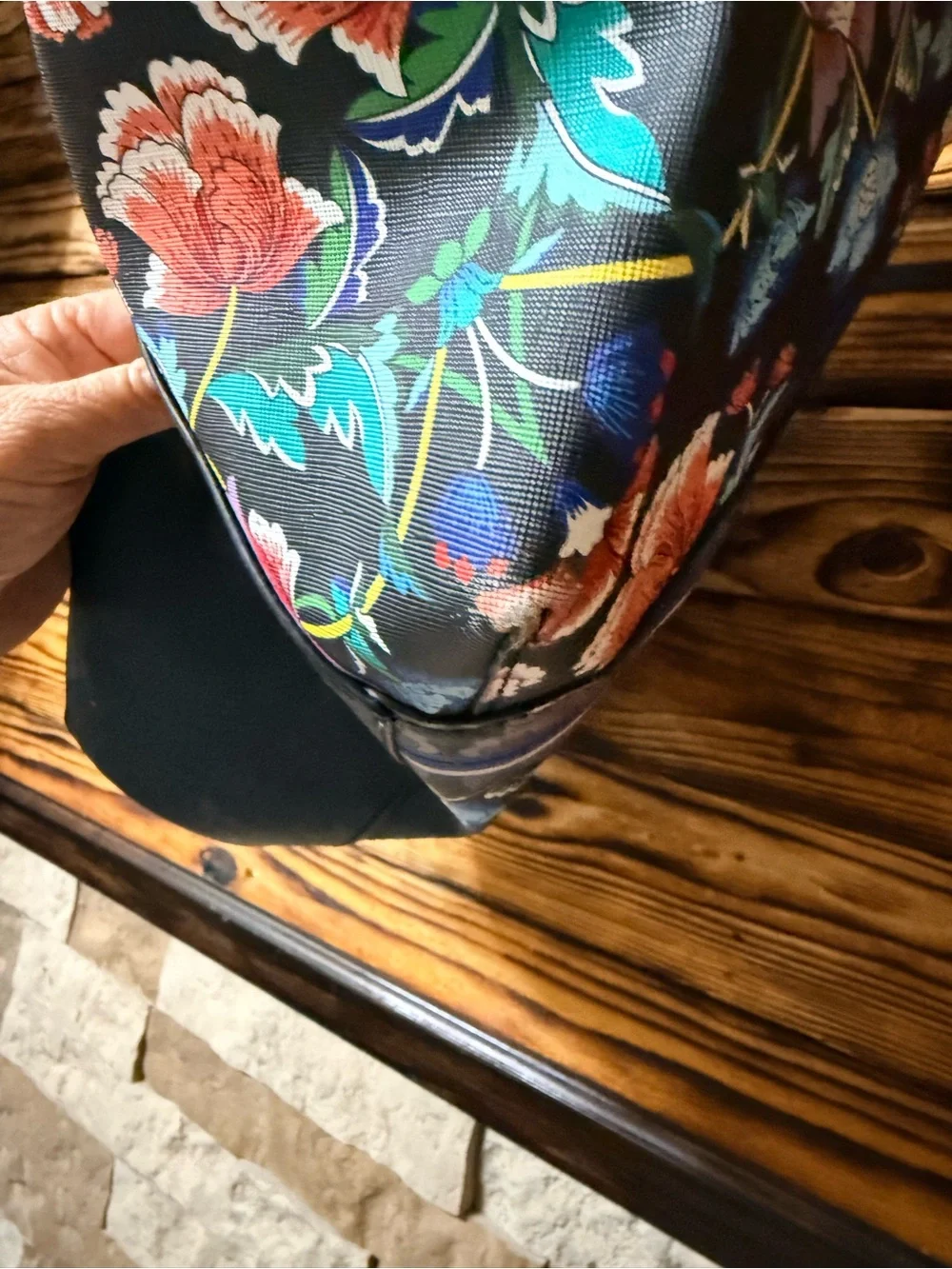 Floral Pattern Black Tote Bag with Blue Accents